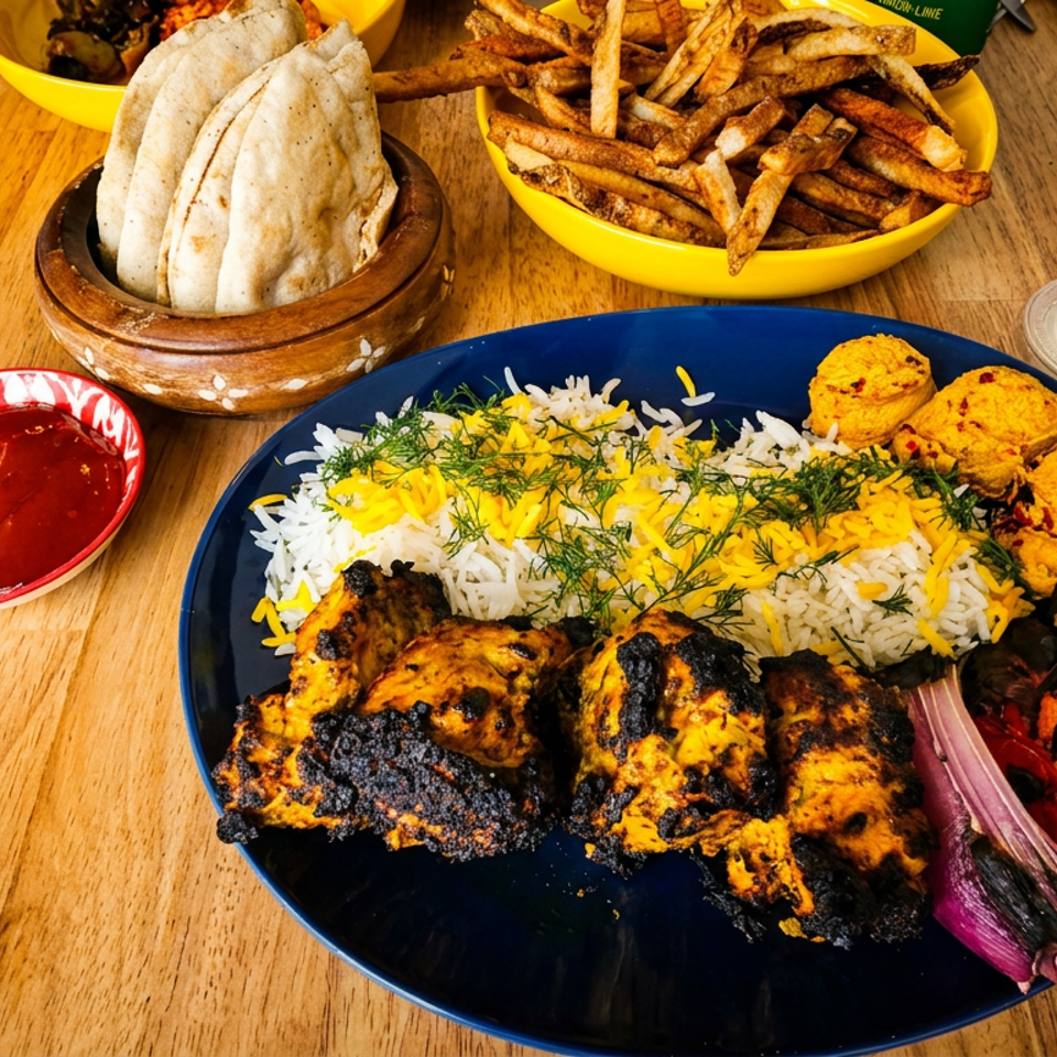 Grilled chicken, rice, roasted vegetables, pita bread, fries, and ketchup on a wooden table.