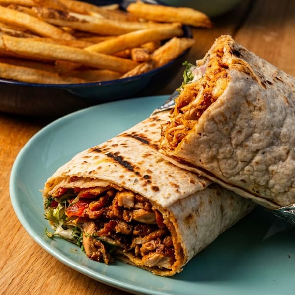 Two chicken shawarma wraps on a blue plate, with a bowl of fries in the background.