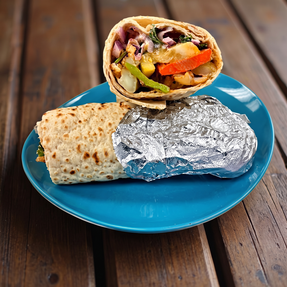 Two filled flatbread wraps, one open with vegetables and grilled meat, arranged on a blue plate over a wooden table.