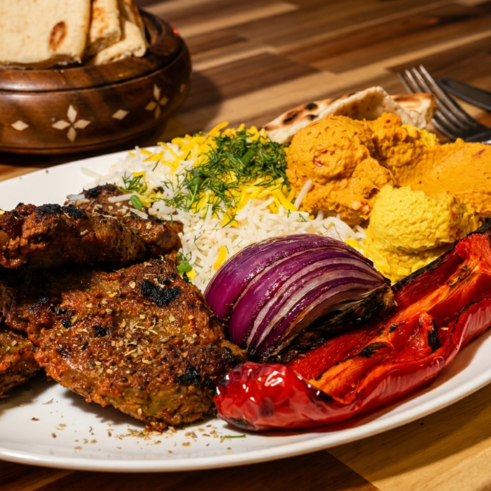 Grilled lamb chops, rice, roasted vegetables, and hummus on a white plate with pita bread.