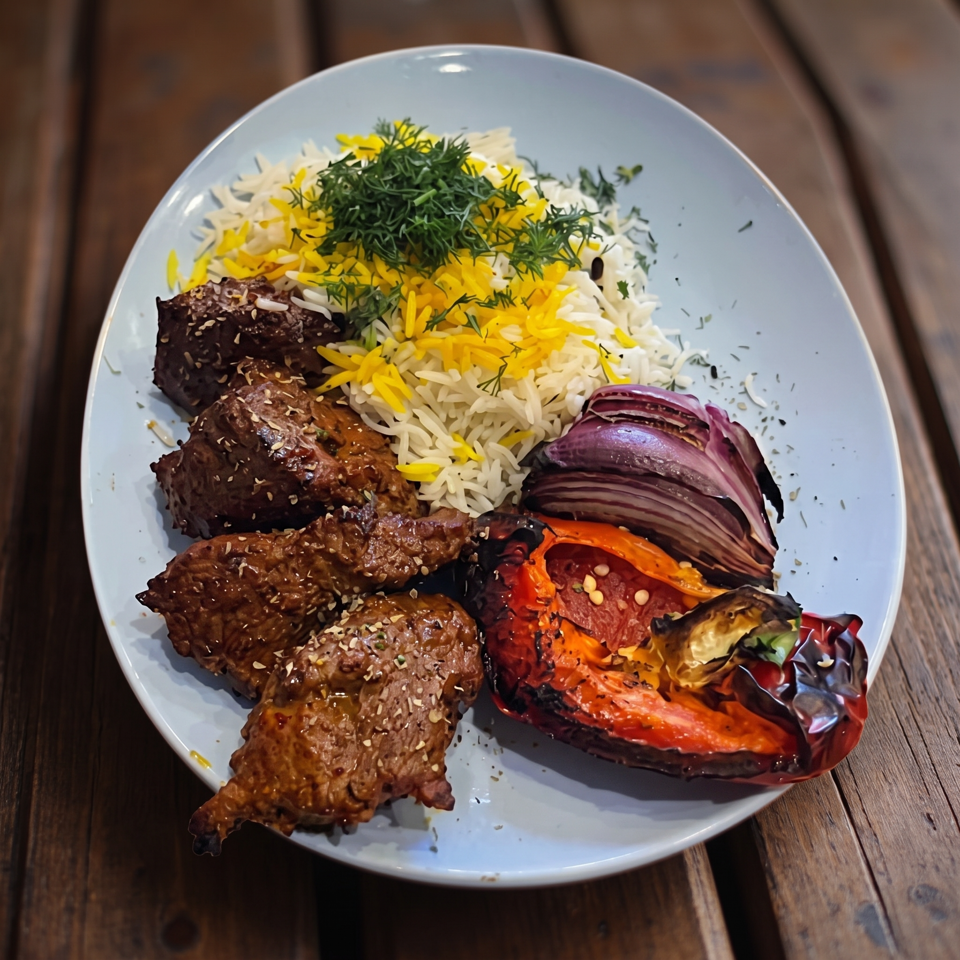 Plate of grilled meat with saffron rice, roasted tomatoes, peppers, eggplant, red onion, and fresh herbs.