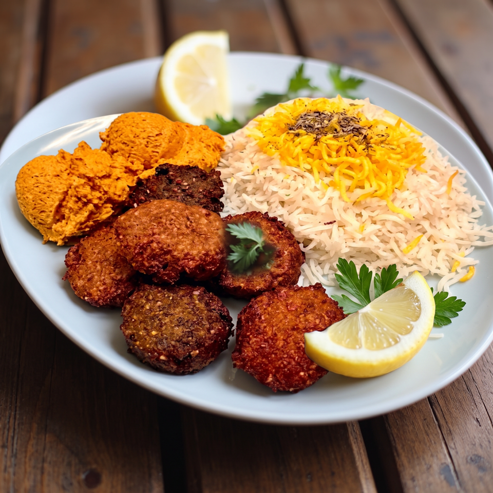 Plate of assorted crispy Middle Eastern fritters with spiced basmati rice, lemon wedges, and parsley garnish.