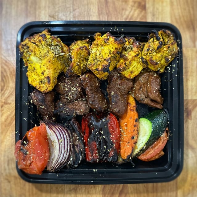 Tri-Mixed Shish Platter (Beef, Chicken, Lamb).