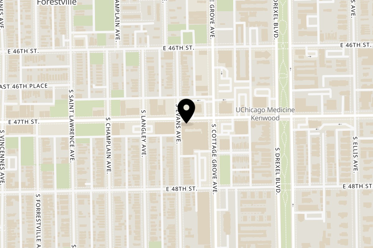 Map showing the location of Mezze Mediterranean Grill on 737 E 47th St in Chicago